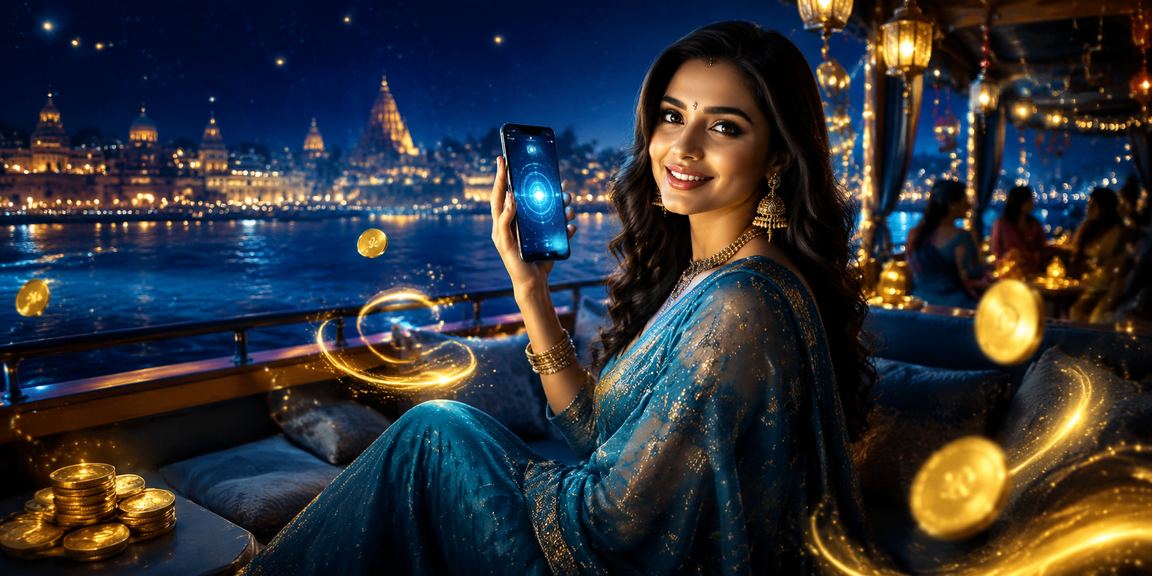 Indian woman using mobile device for casino and sports betting in traditional saree