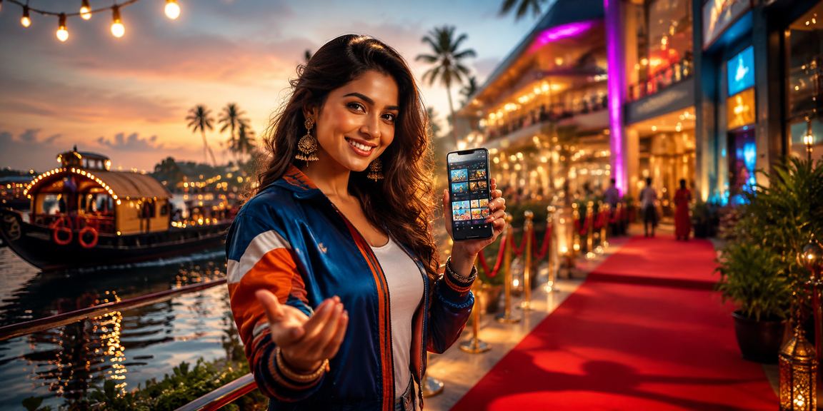 Kerala backwaters lit with city lights and betting advertisement